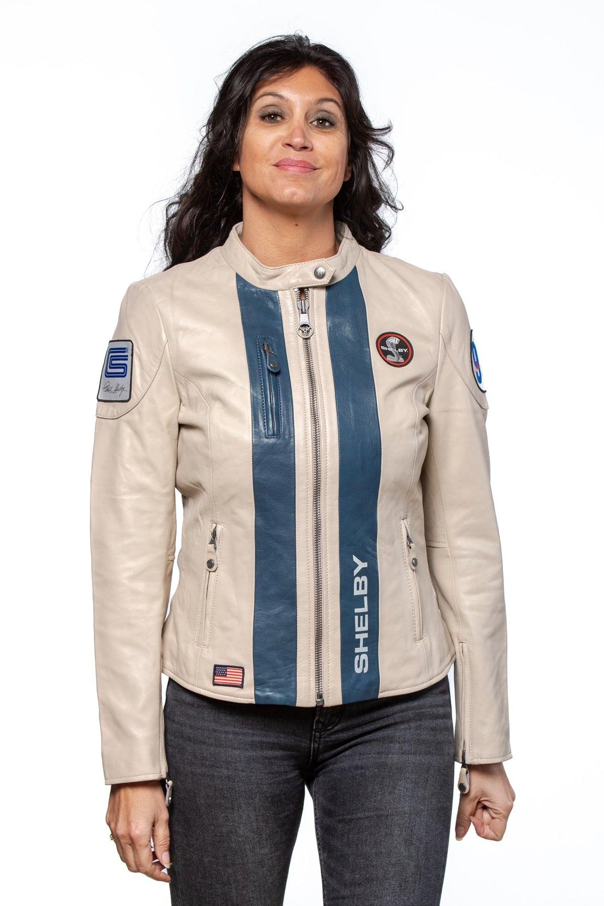 Shelby women's ecru leather jacket - Image n°1