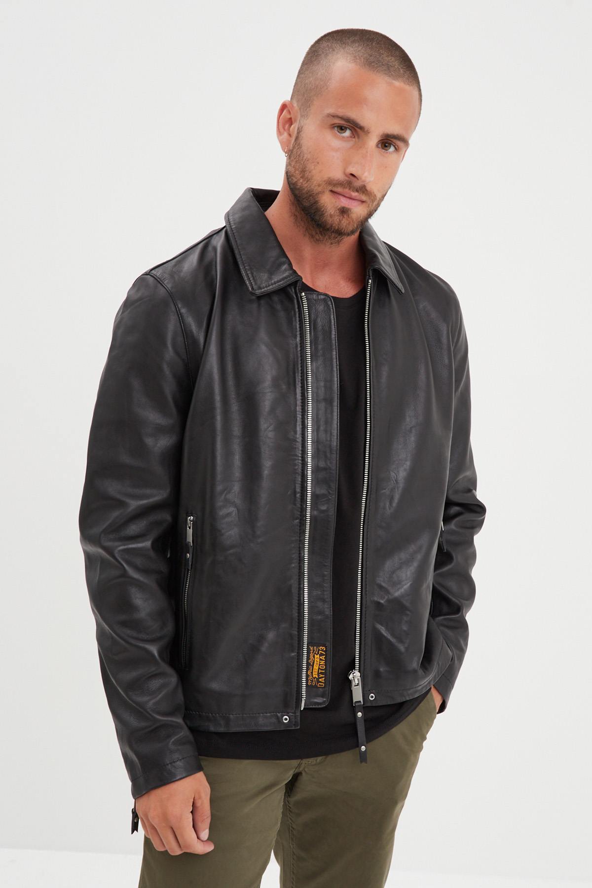 Black leather jacket with shirt collar - Image n°3