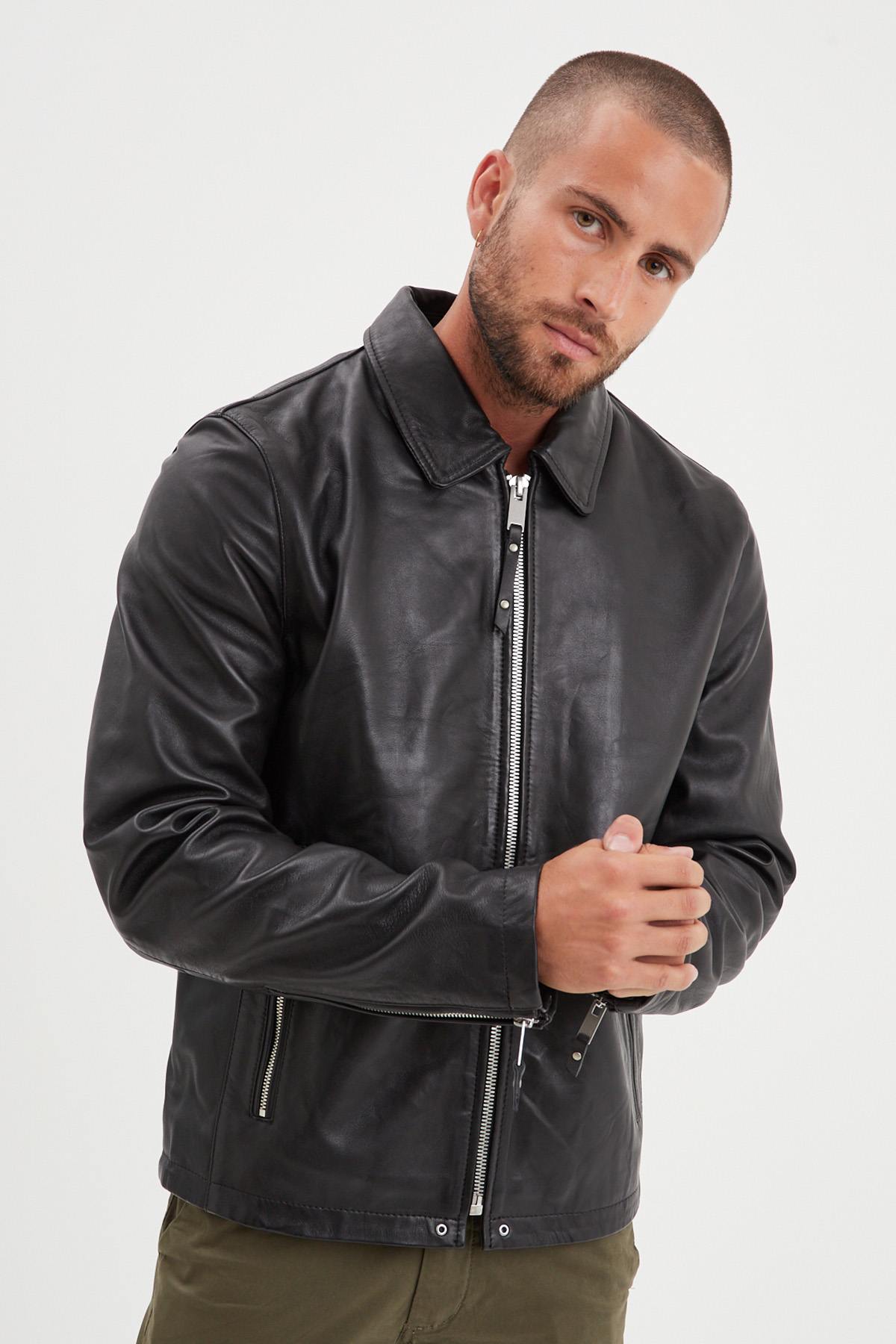 Black leather jacket with shirt collar - Image n°1