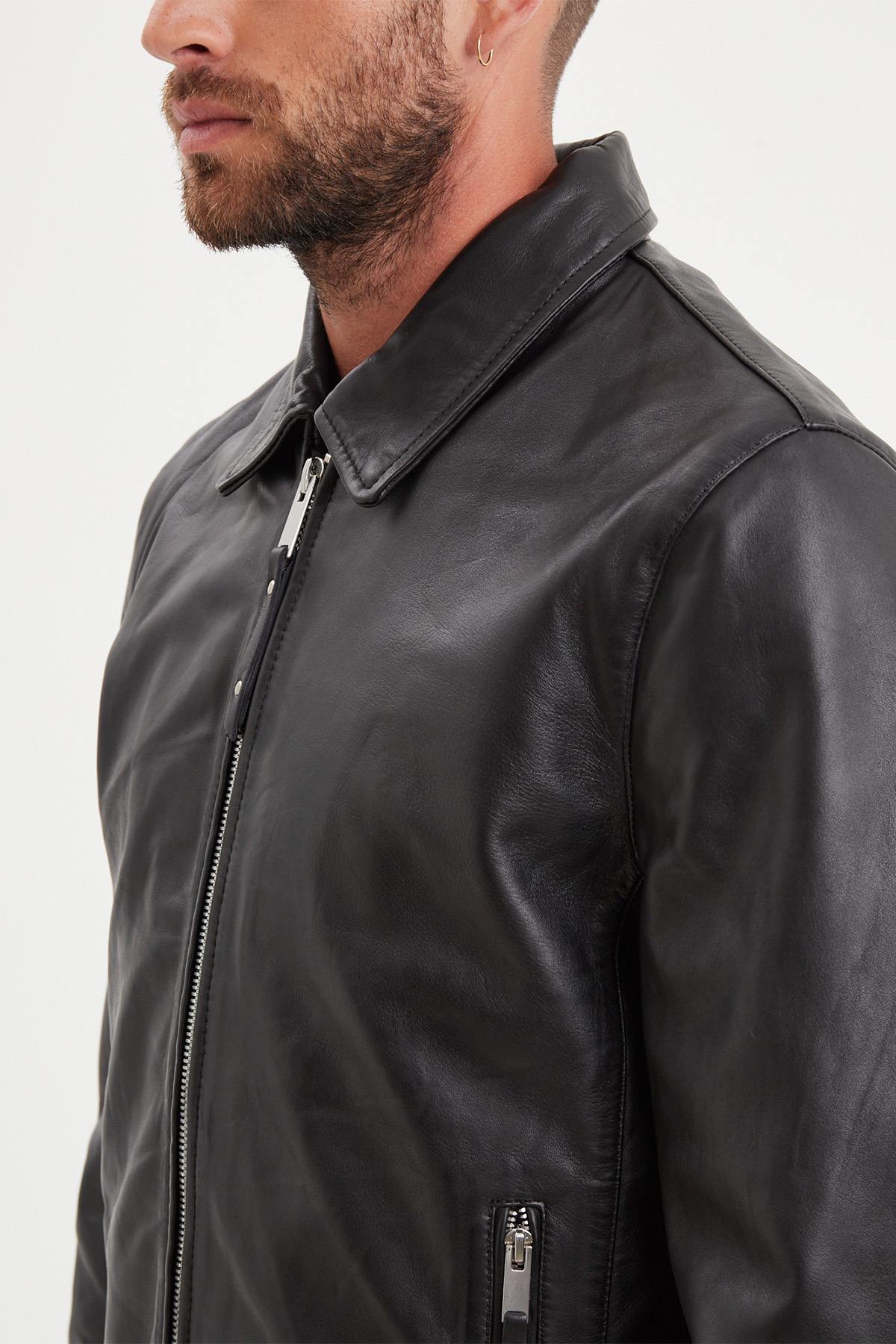 Black leather jacket with shirt collar - Image n°7