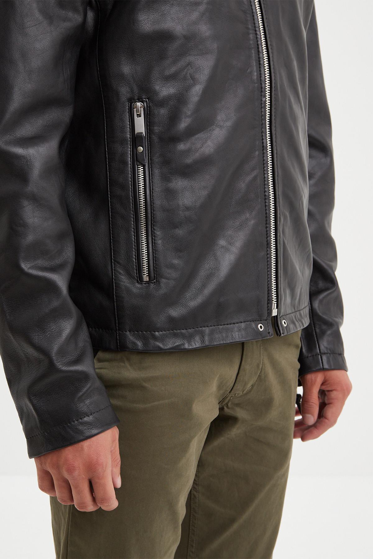 Black leather jacket with shirt collar - Image n°5