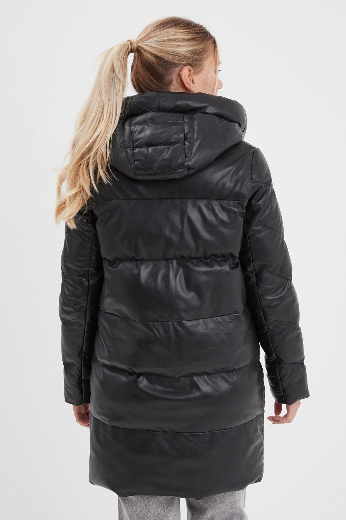 Long hooded down jacket in black leather - Image n°3