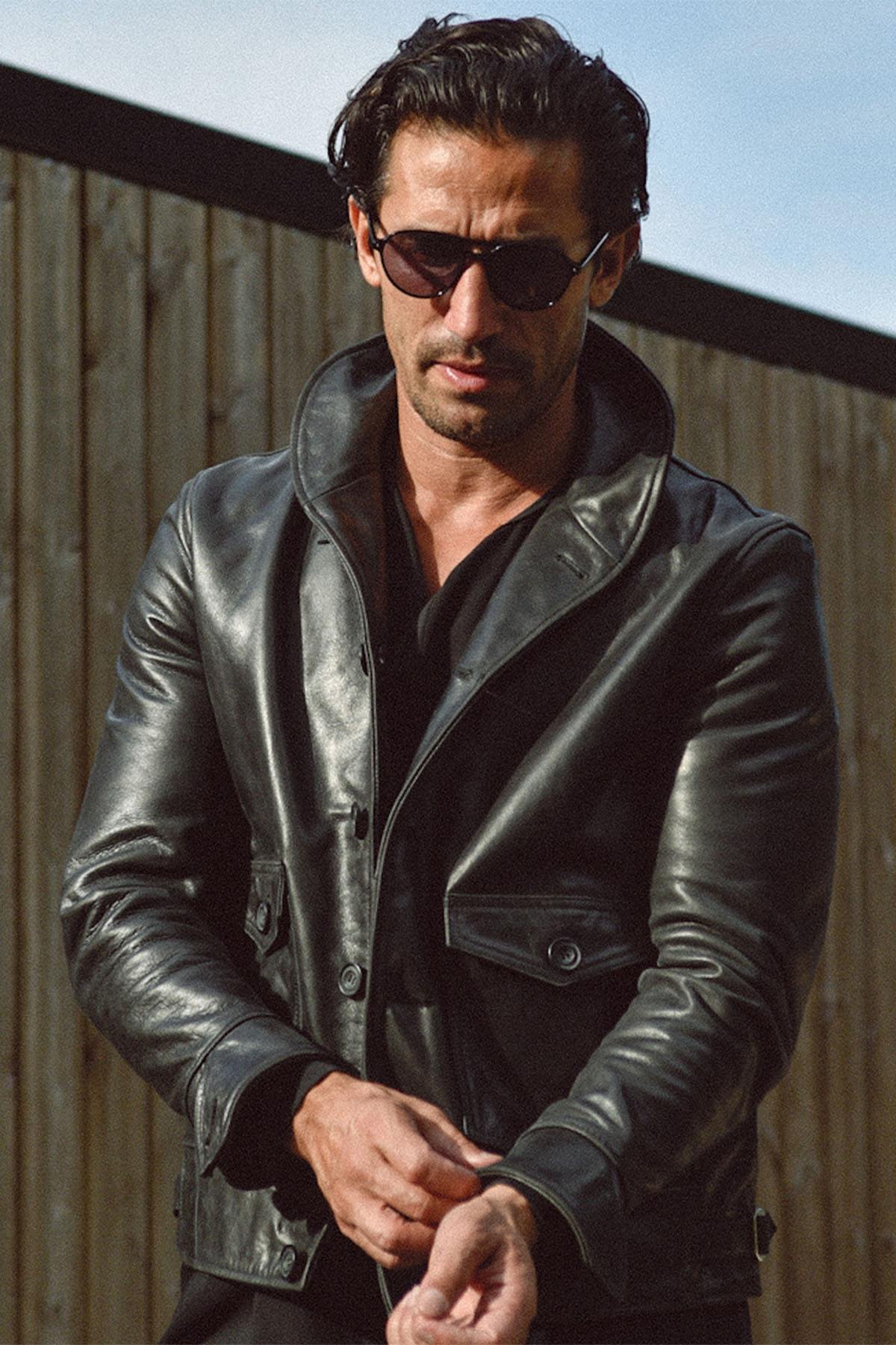 Black leather jacket with stand-up collar for men - Image n°1