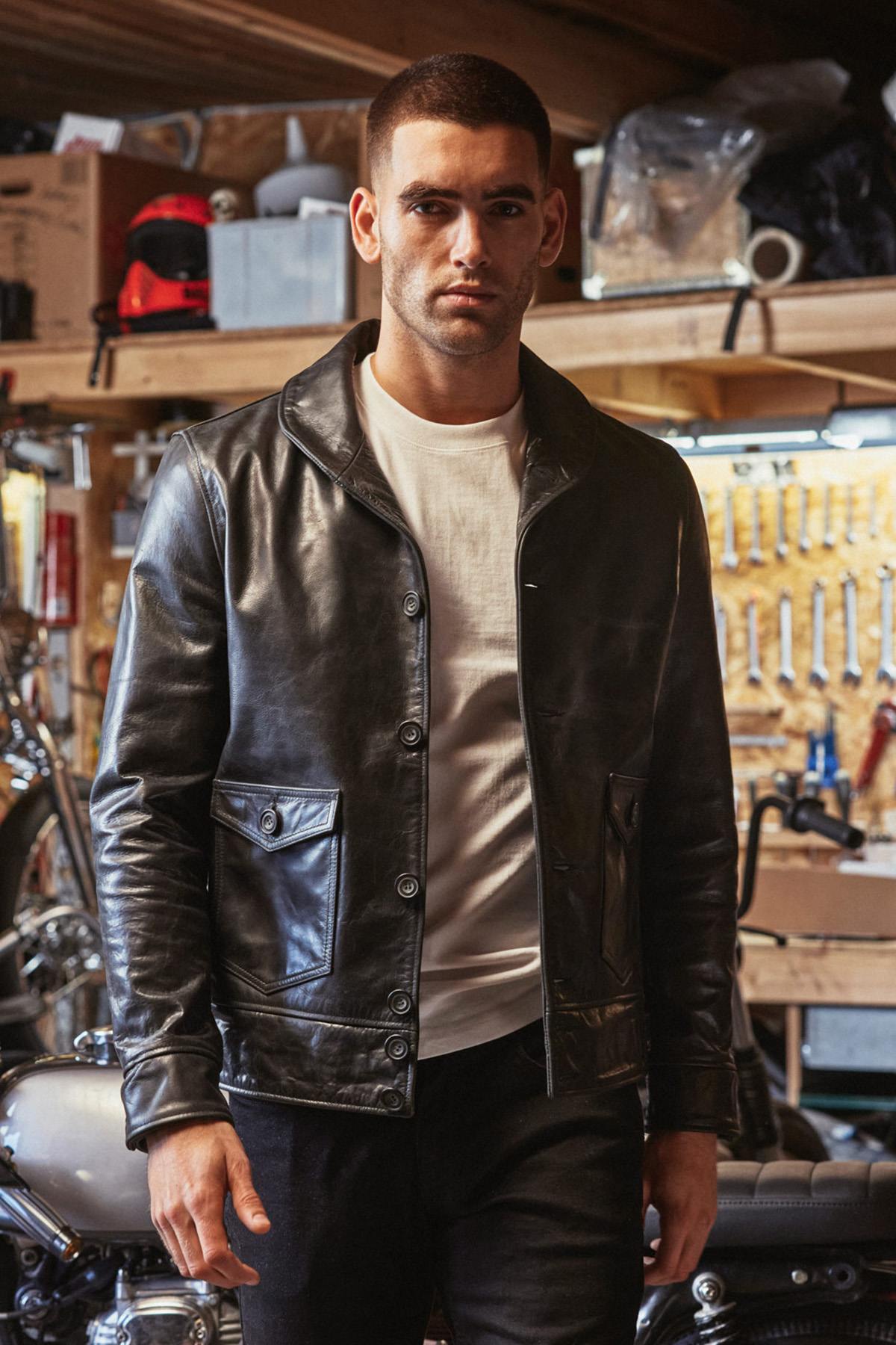 Black leather jacket with stand-up collar for men - Image n°2