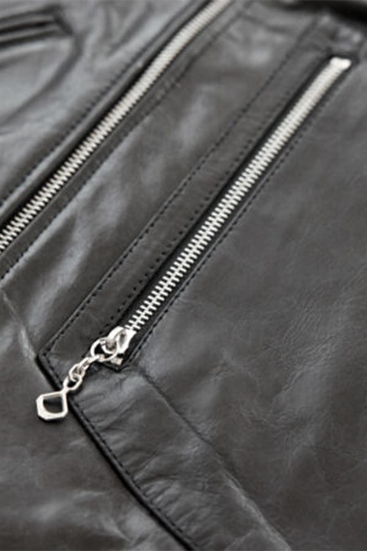 Leather jacket with asymmetrical collar and D-Pocket - Image n°4