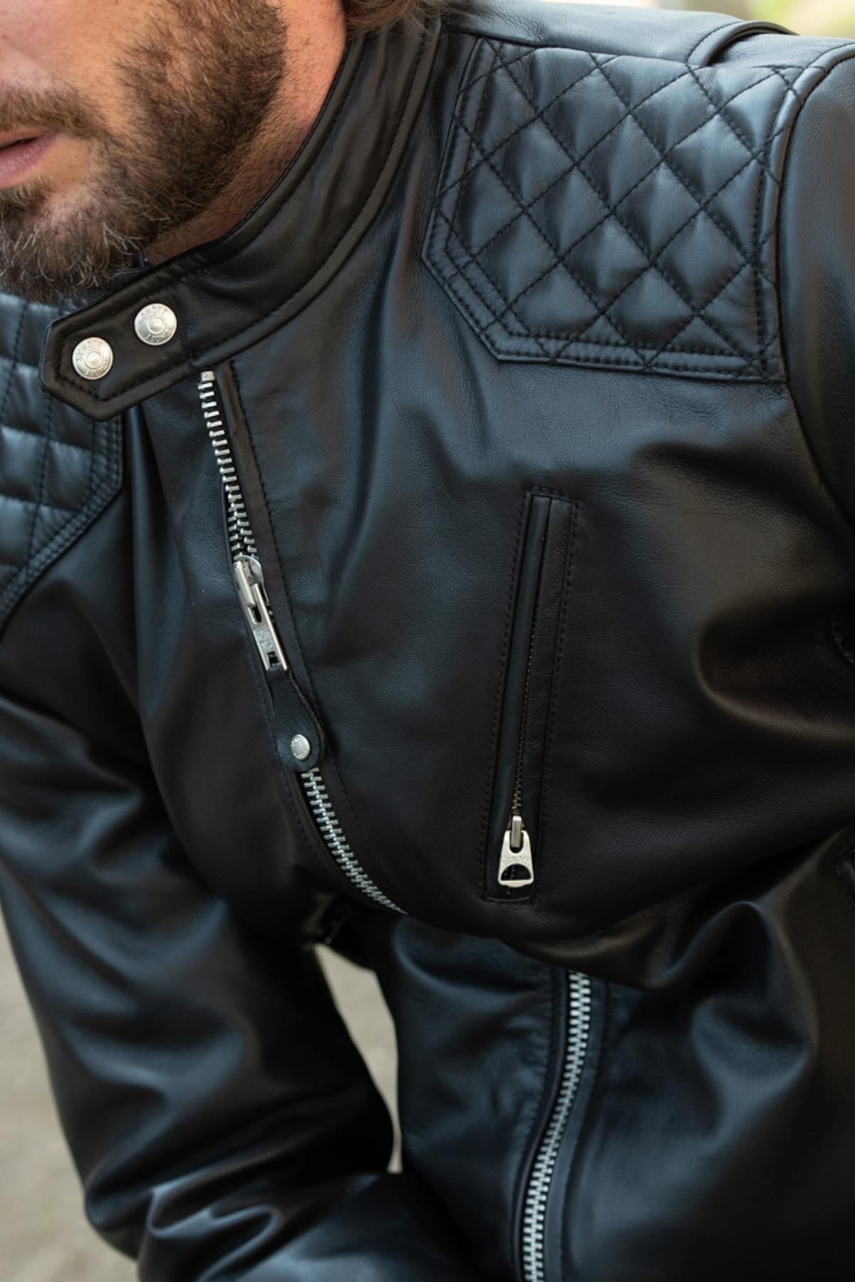 Leather jacket with biker collar and quilted shoulders - Image n°4