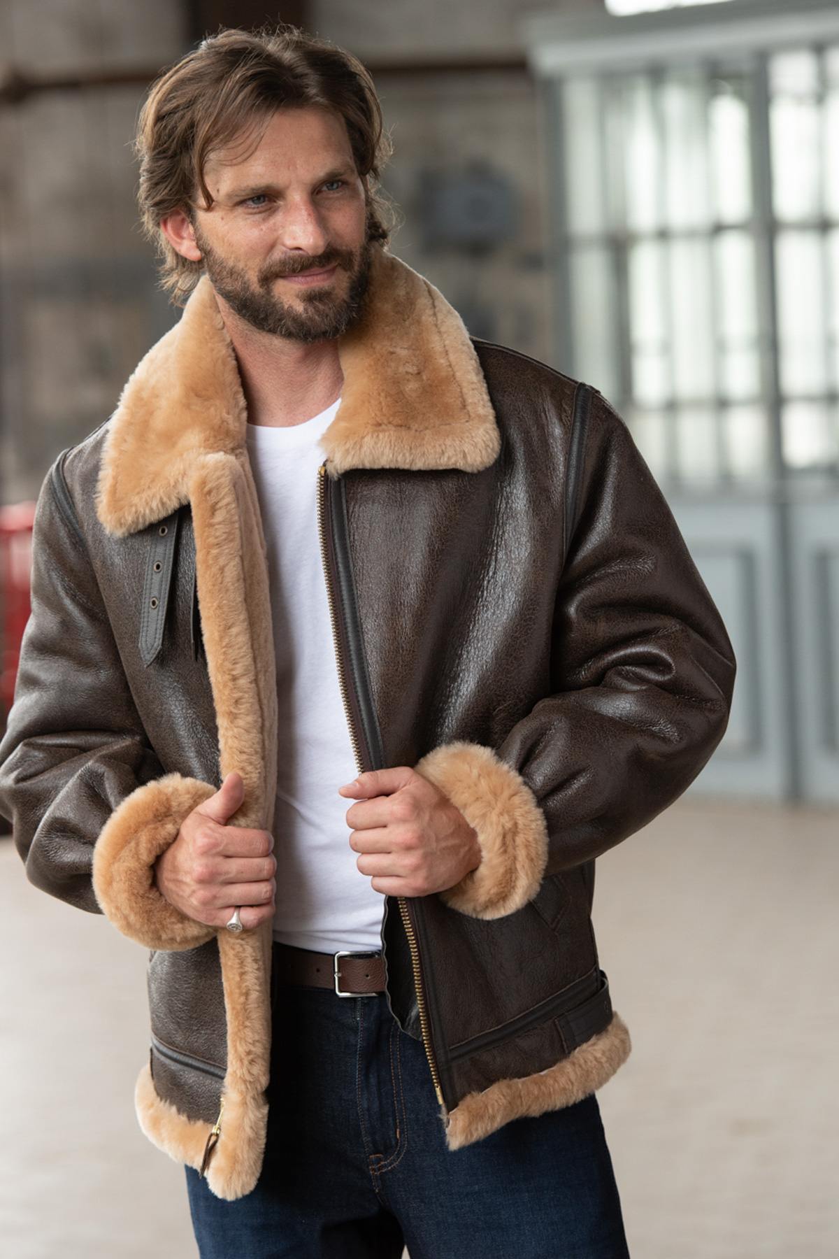 men's brown fur collar bomber jacket - Image n°1