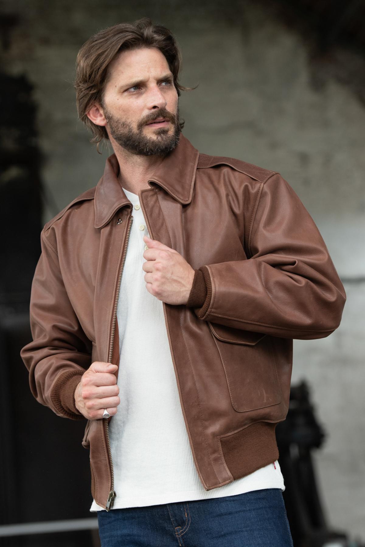 Distressed brown leather bomber jacket - Image n°1