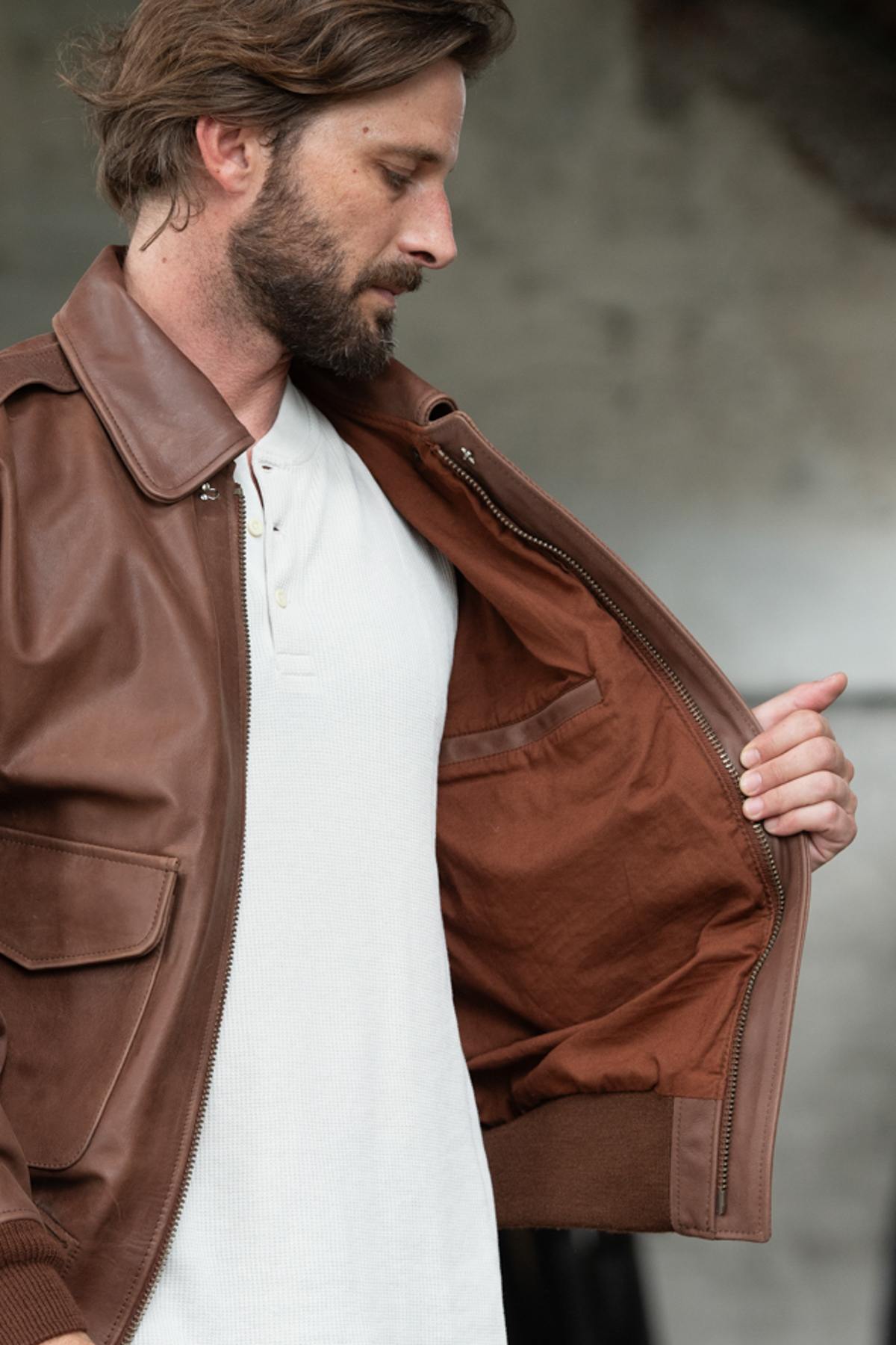 Distressed brown leather bomber jacket - Image n°5