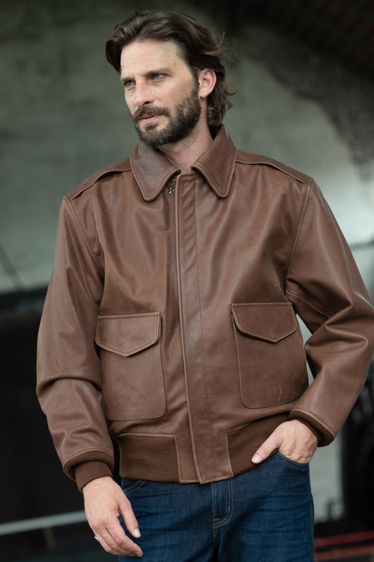 Distressed brown leather bomber jacket - Image n°4