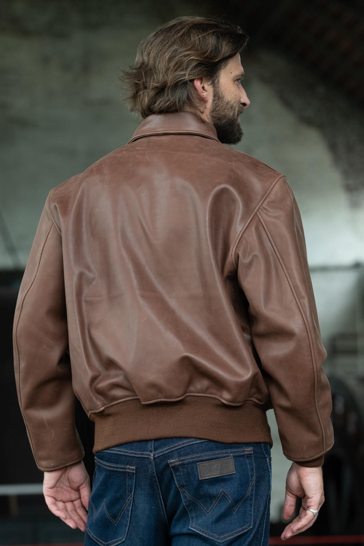 Distressed brown leather bomber jacket - Image n°2