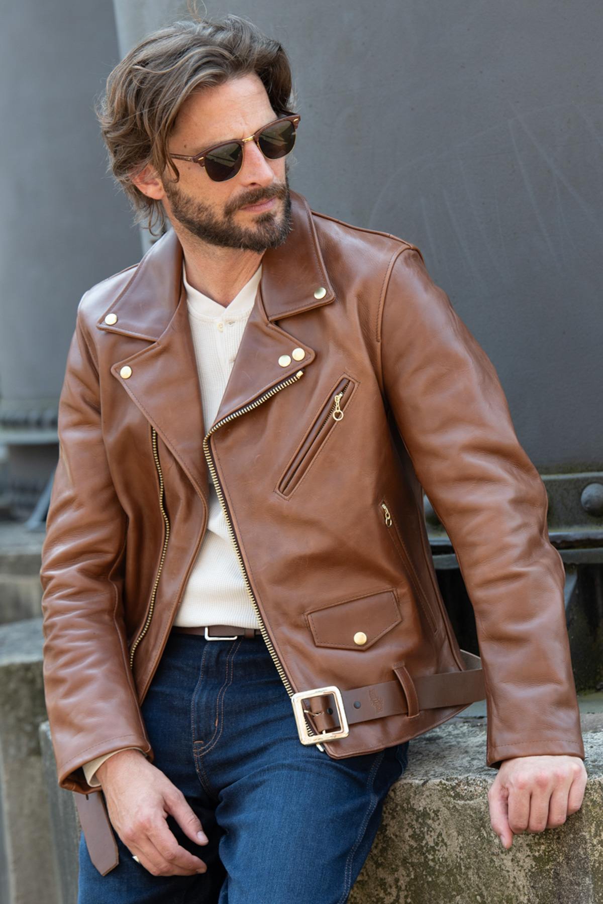 Brown American leather perfecto with belt - Image n°1