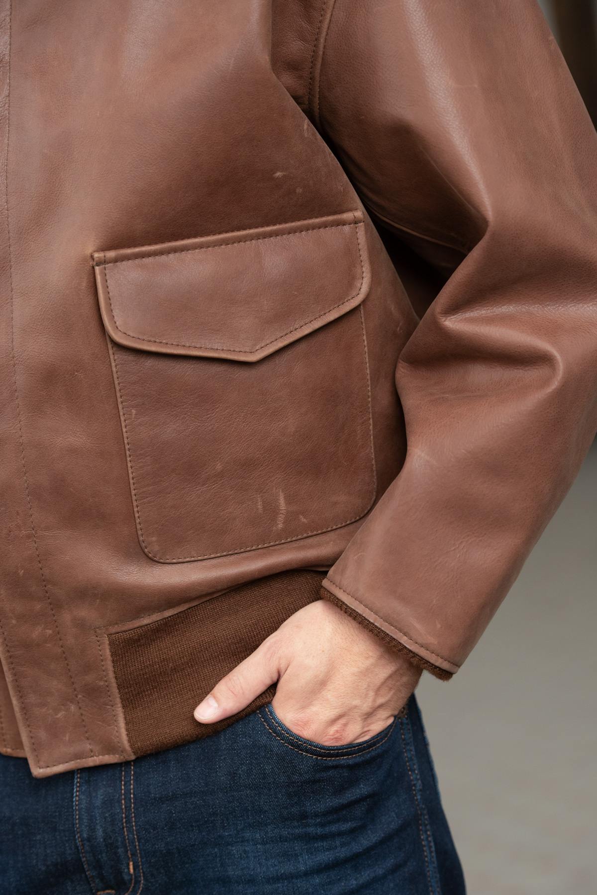 Distressed brown leather bomber jacket - Image n°6