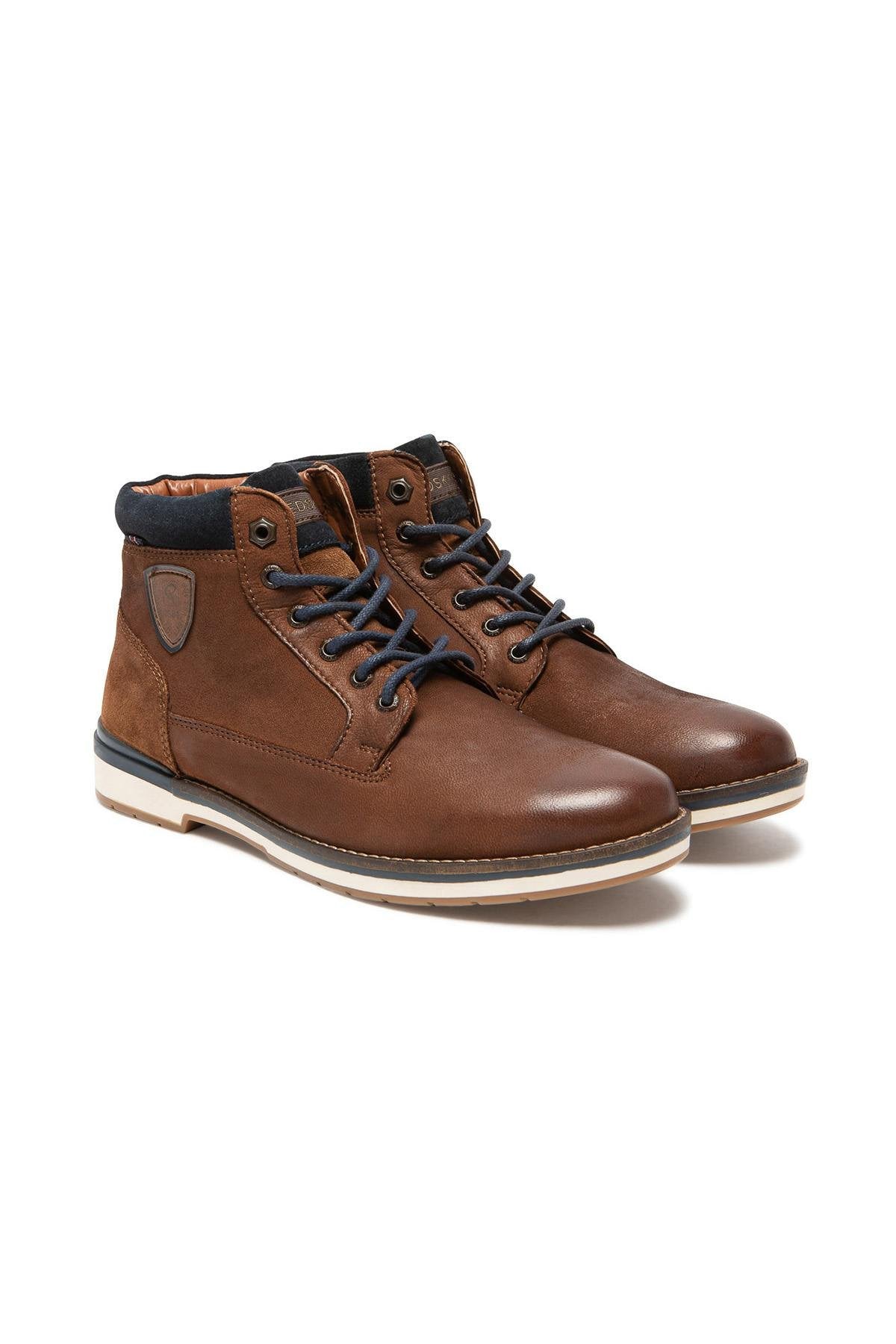 Navy cognac leather boots for men - Image n°1