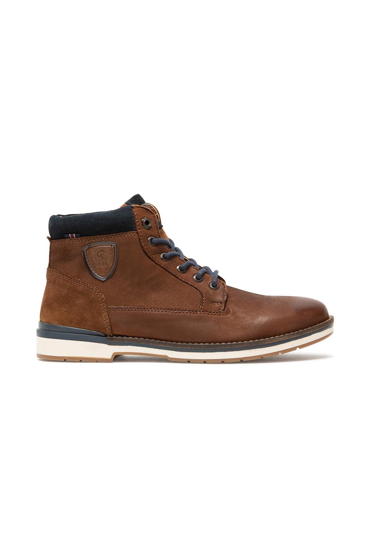 Navy cognac leather boots for men - Image n°2