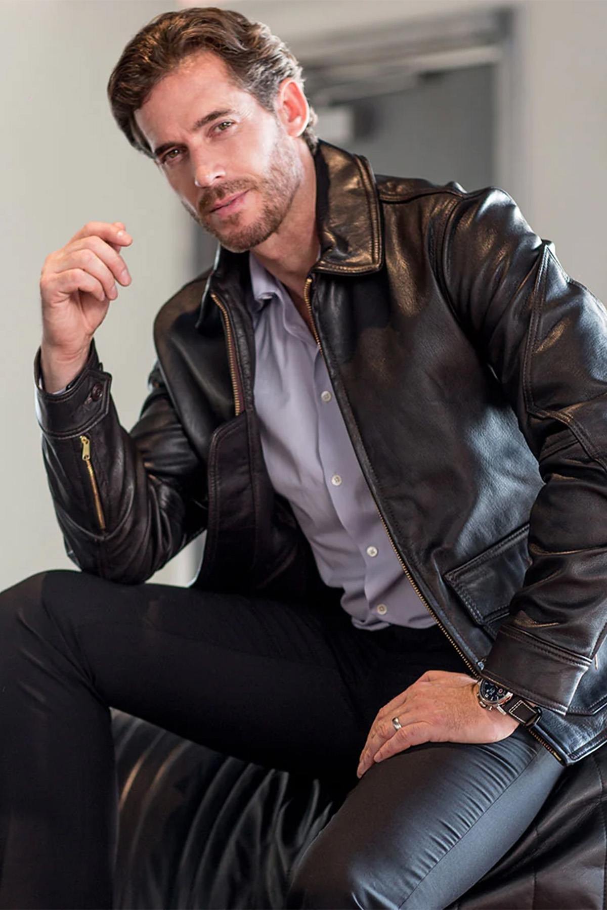 Aviator-style leather jacket with shirt collar - Image n°1