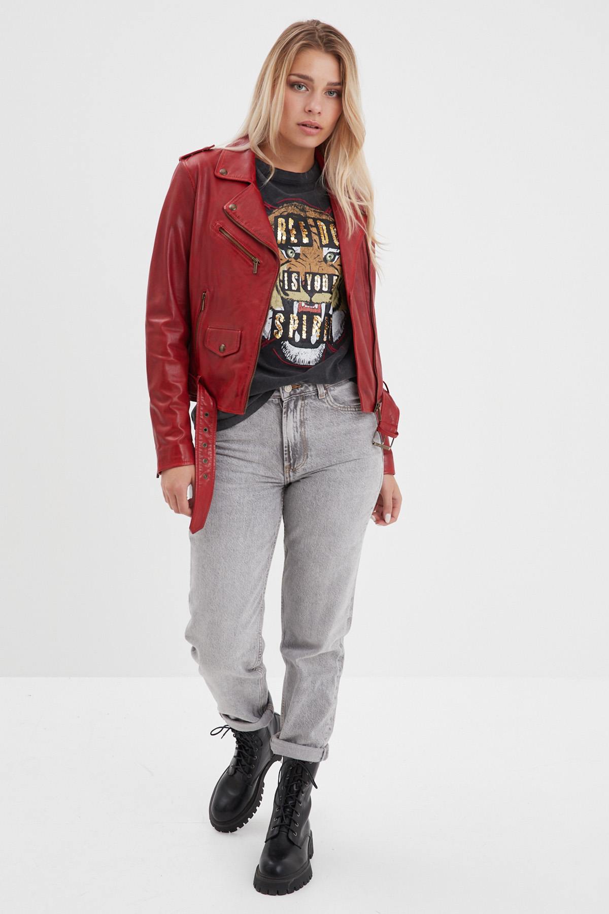 Chili red perfecto style leather jacket - Image n°1