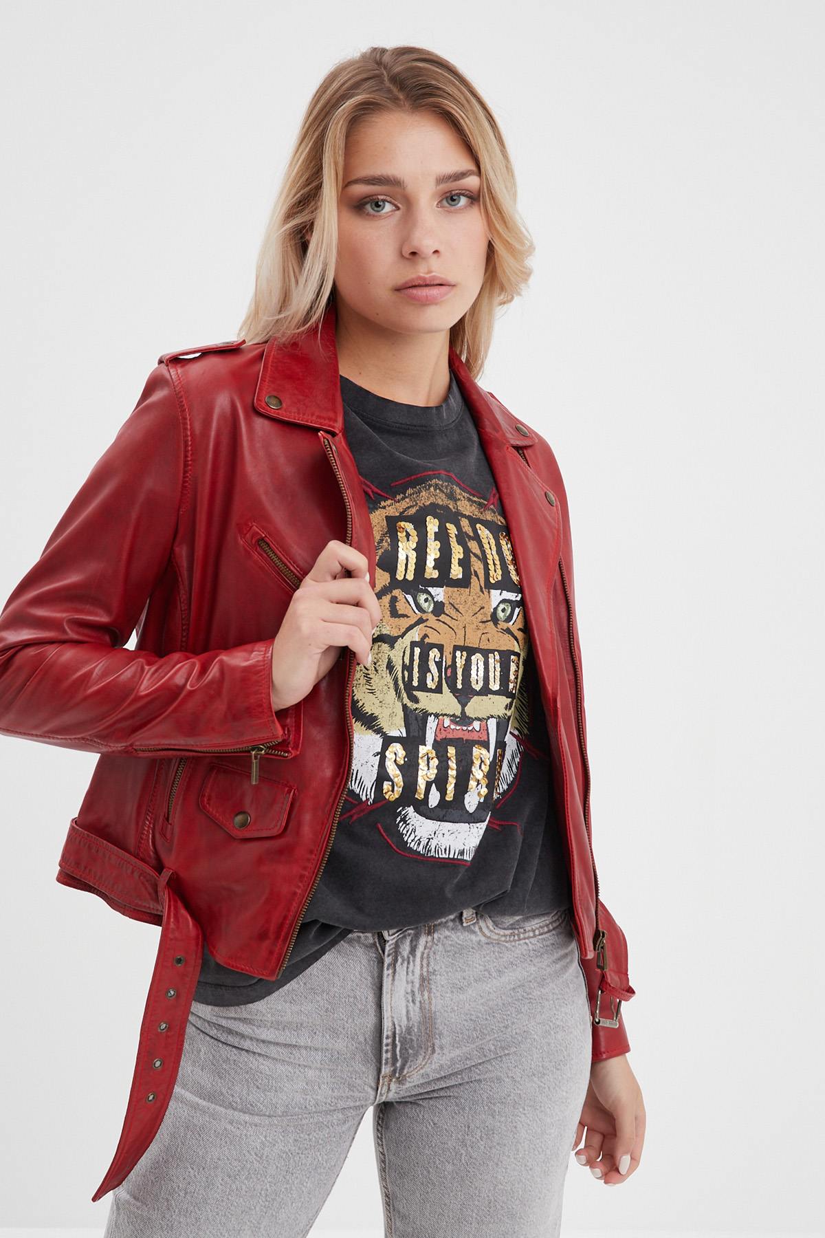 Chili red perfecto style leather jacket - Image n°2