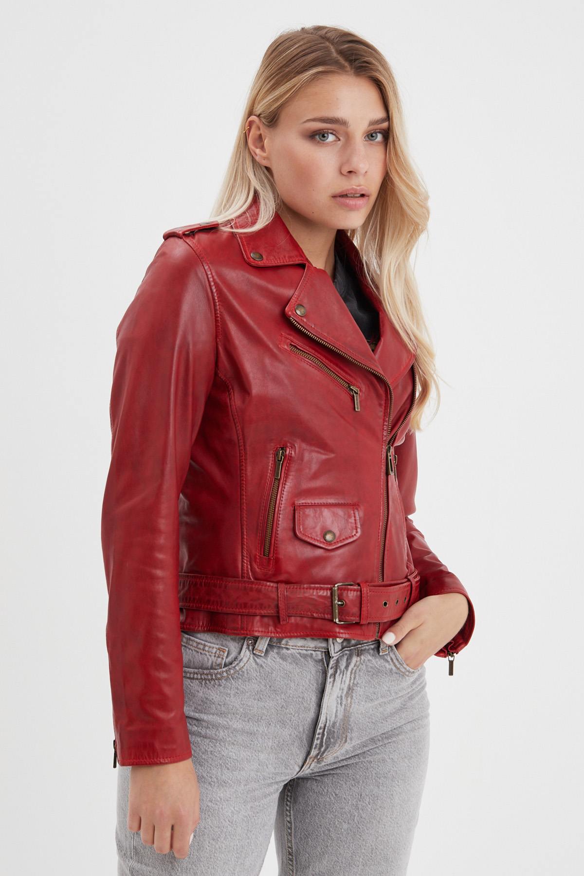 Chili red perfecto style leather jacket - Image n°3