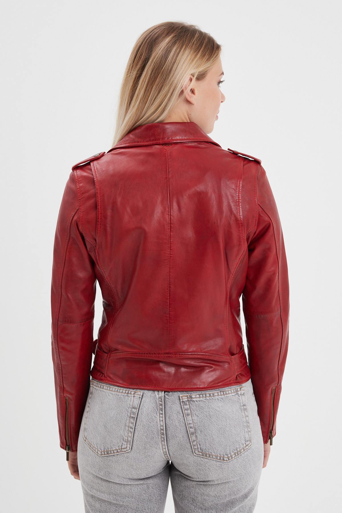 Chili red biker style leather jacket - Image n°4