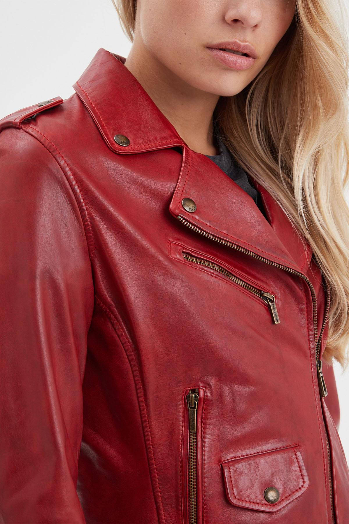 Chili red perfecto style leather jacket - Image n°5