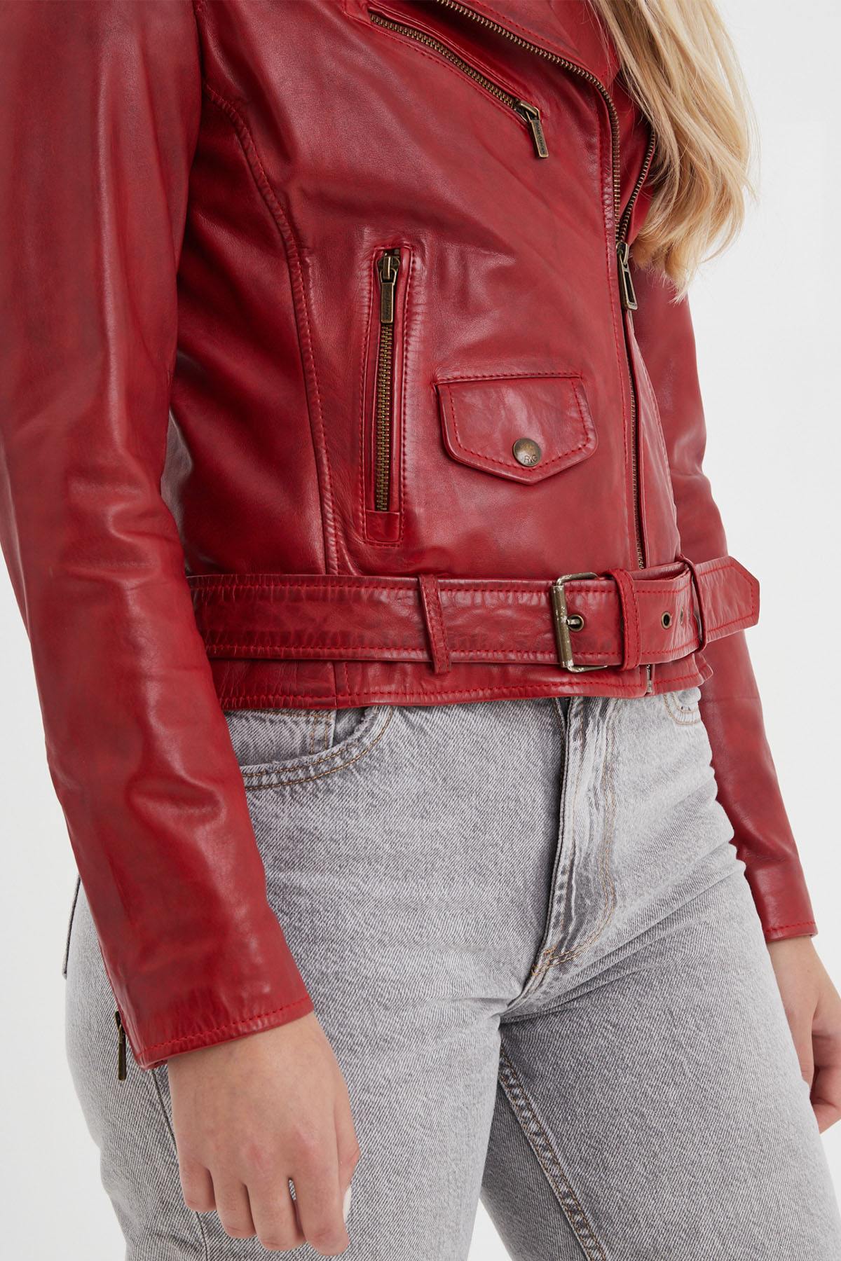 Chili red perfecto style leather jacket - Image n°6