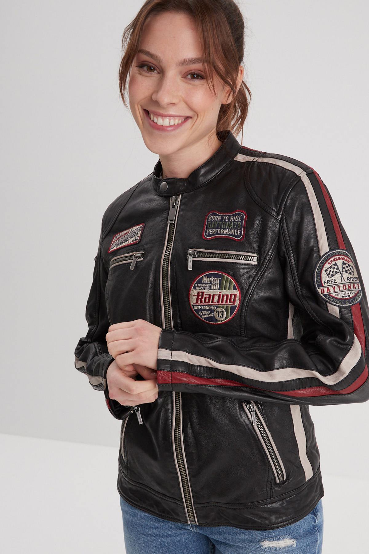 Black racing leather jacket for women - Image n°1