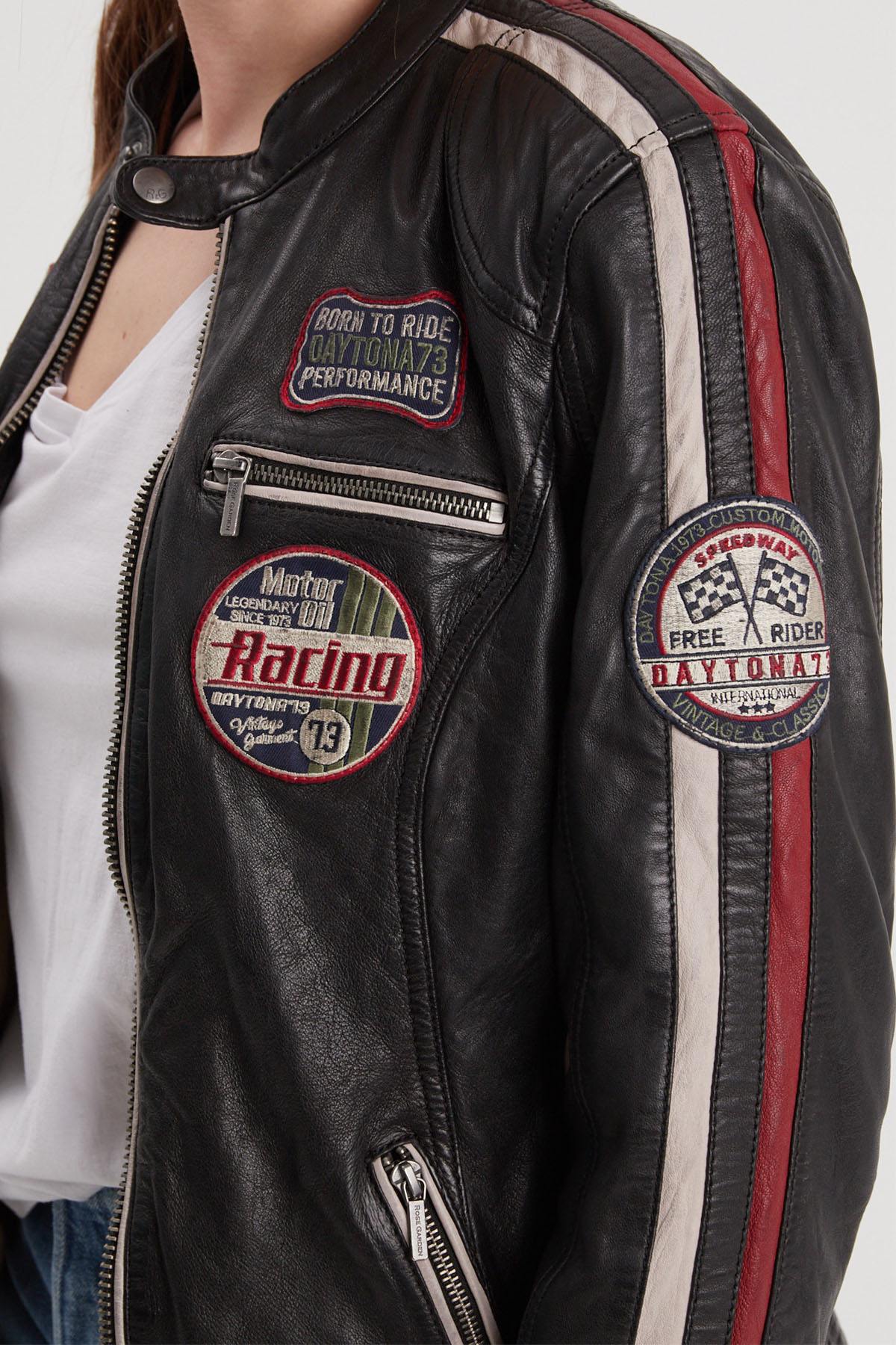 Black racing leather jacket for women - Image n°2