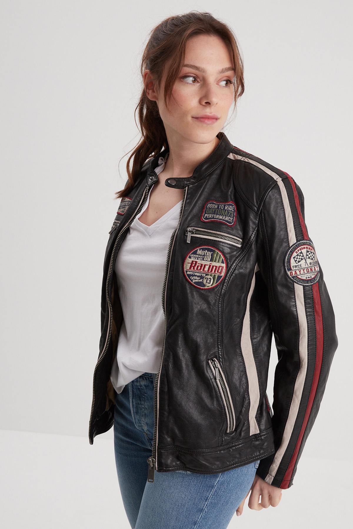 Black racing leather jacket for women - Image n°3