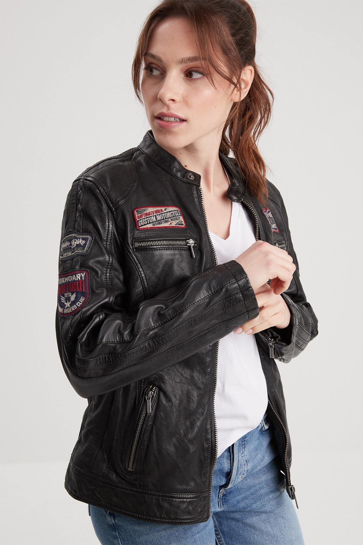 Black leather biker jacket for women - Image n°3