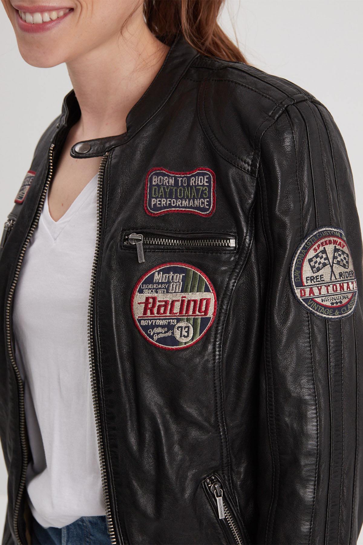 Black leather biker jacket for women - Image n°5