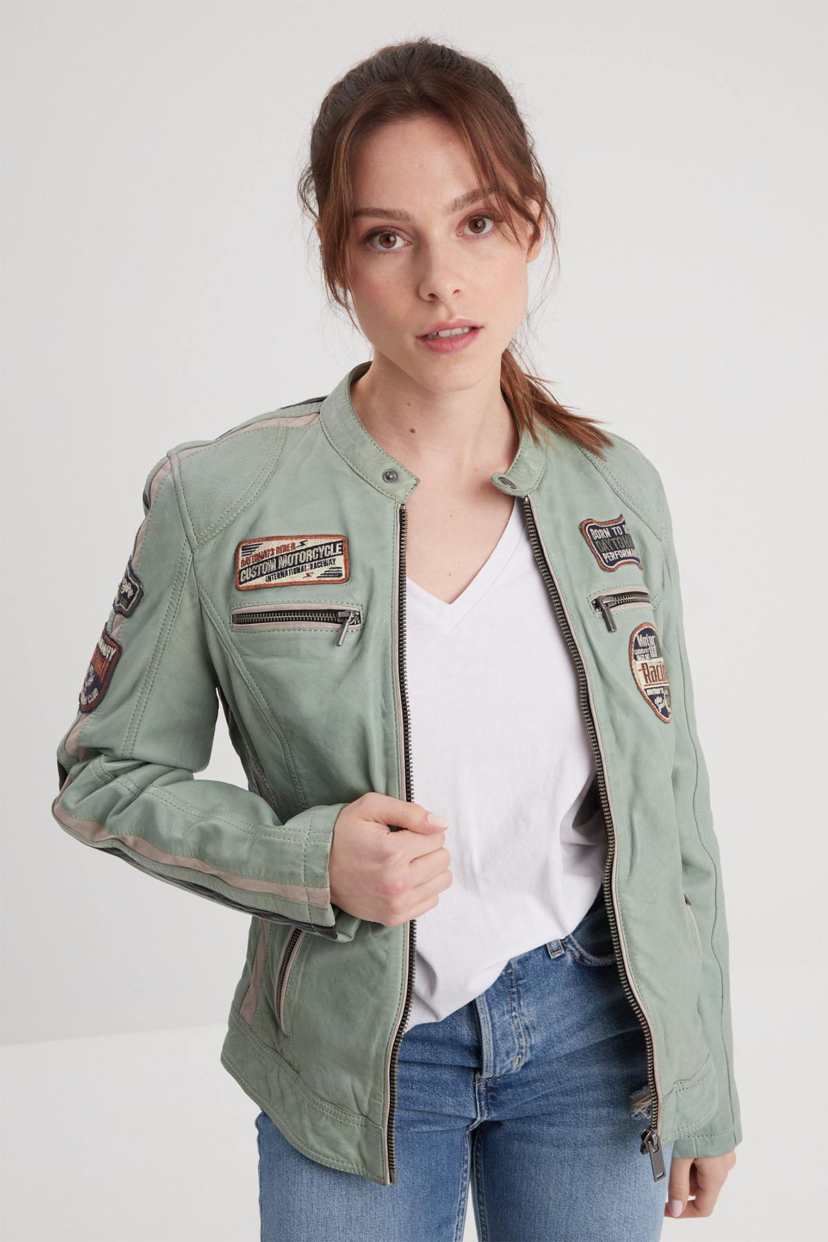 Jade-colored leather biker jacket - Image n°3