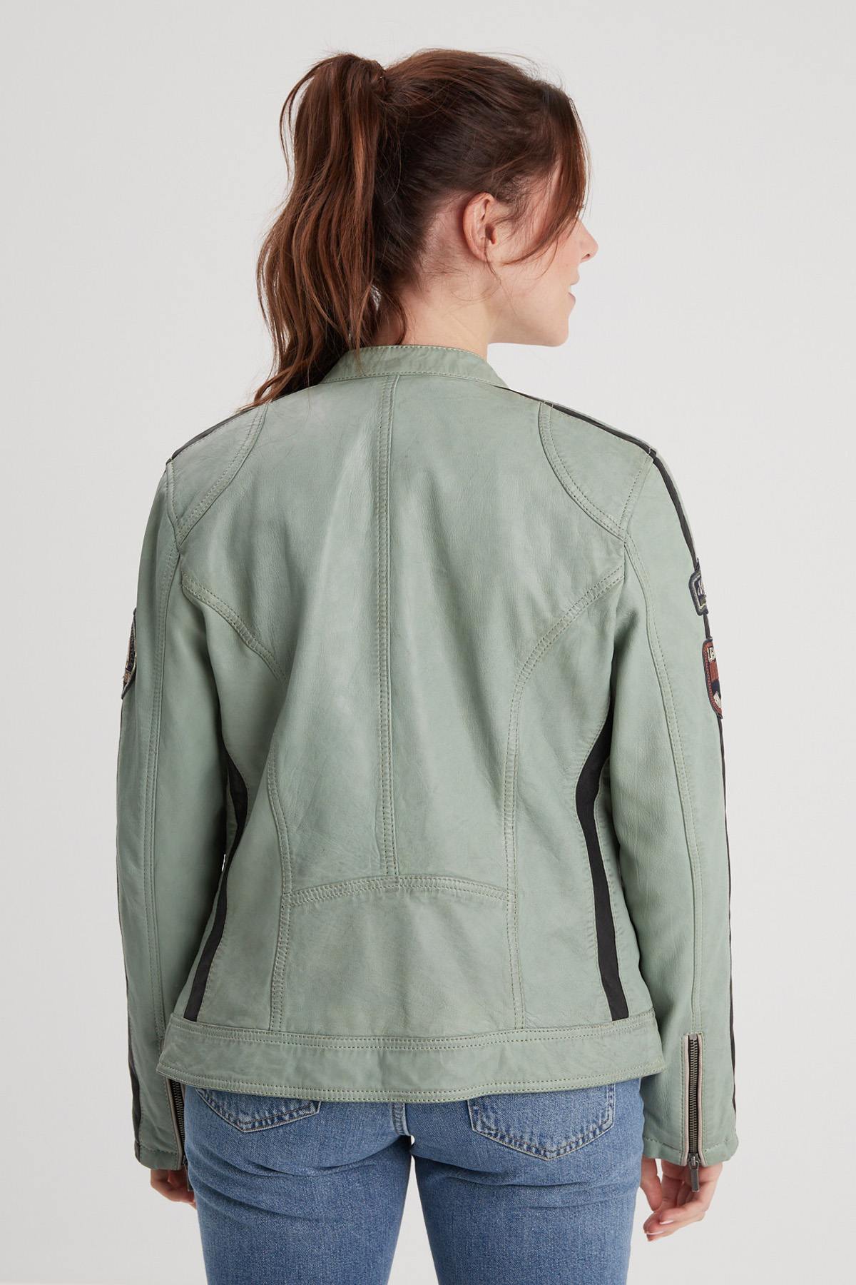 Jade-colored leather biker jacket - Image n°4