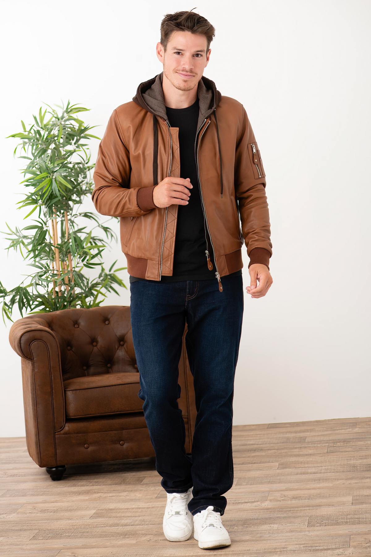 Cognac leather jacket with facing and hood - Image n°2