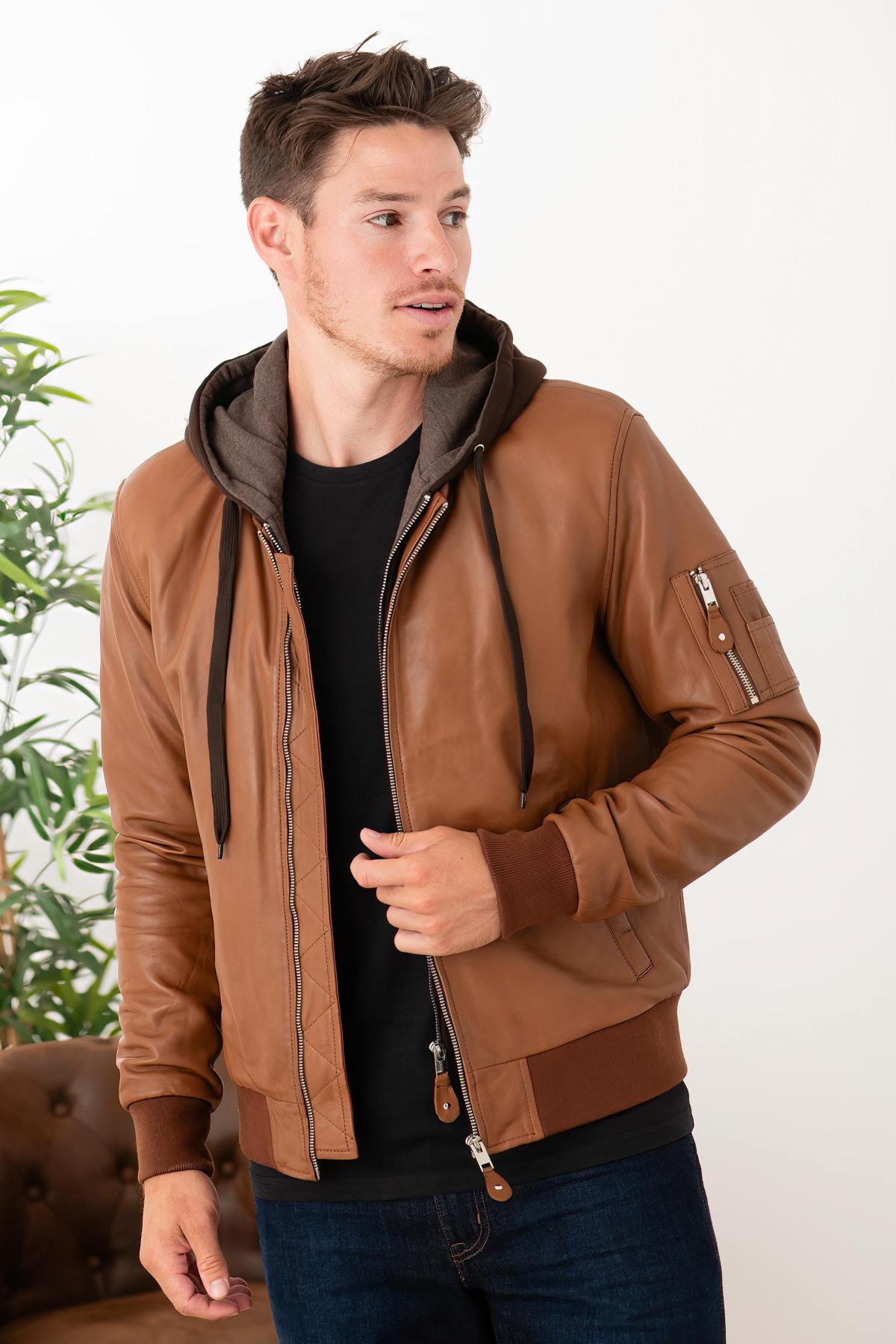 Cognac leather jacket with facing and hood - Image n°4