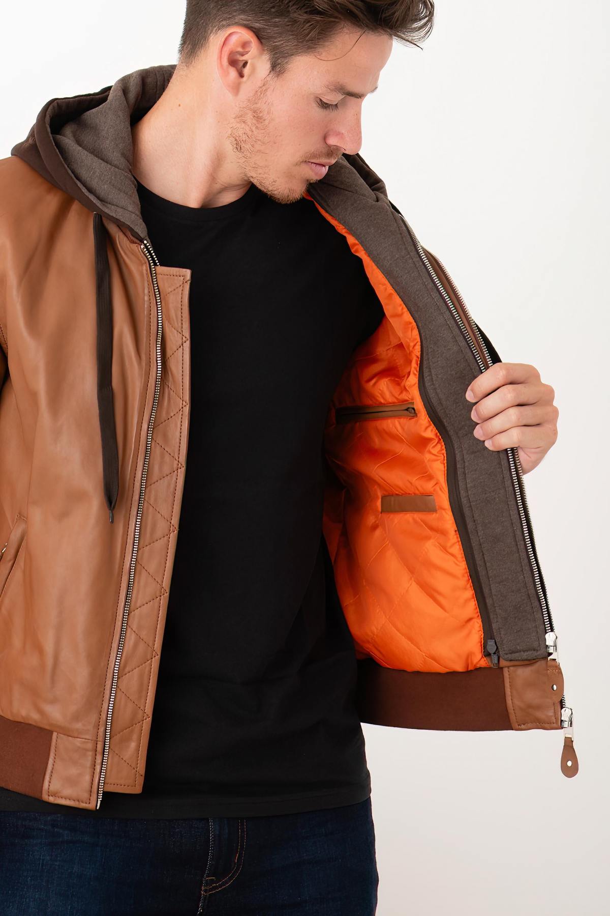 Cognac leather jacket with facing and hood - Image n°6