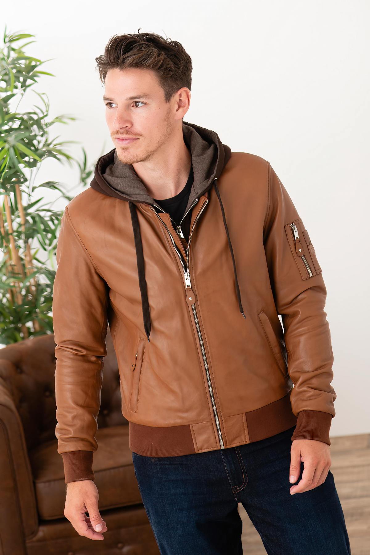 Cognac leather jacket with facing and hood - Image n°1