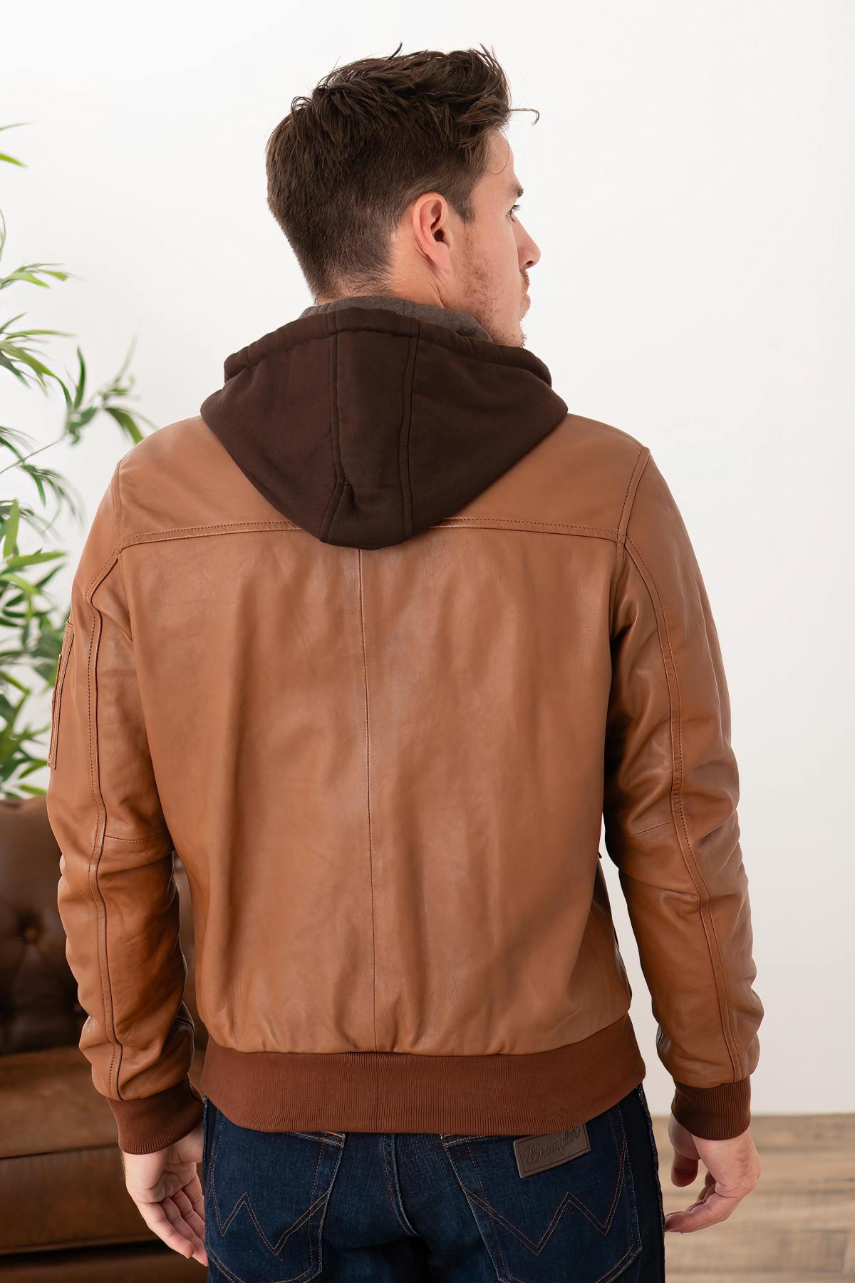 Cognac leather jacket with facing and hood - Image n°5