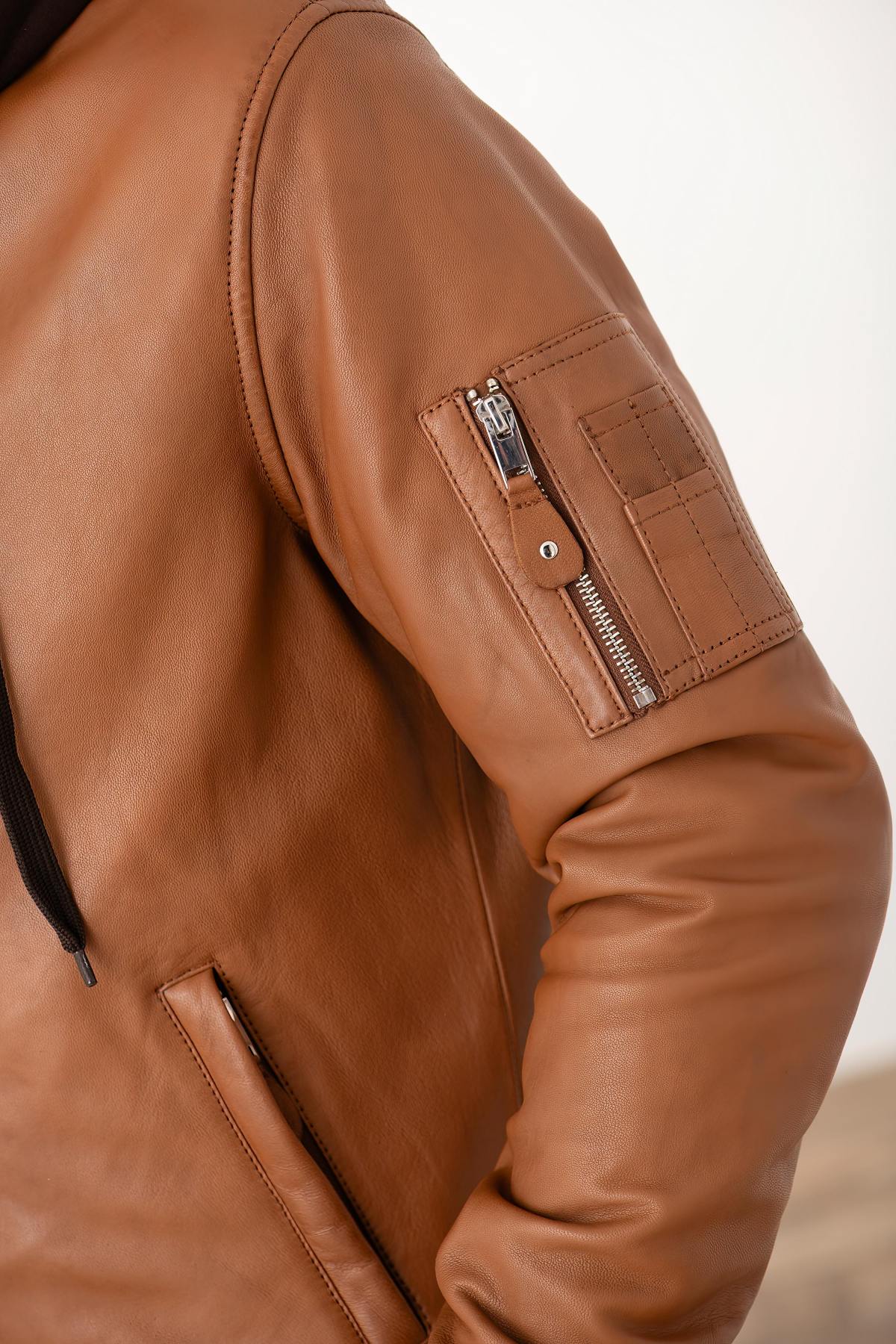 Cognac leather jacket with facing and hood - Image n°7