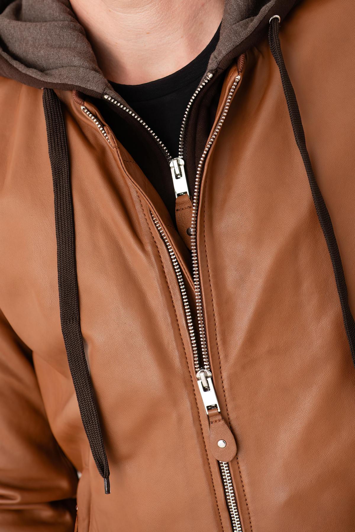 Cognac leather jacket with facing and hood - Image n°3