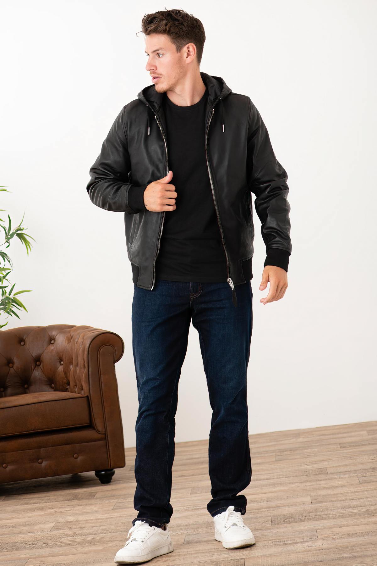 Black leather hooded jacket - Image n°6