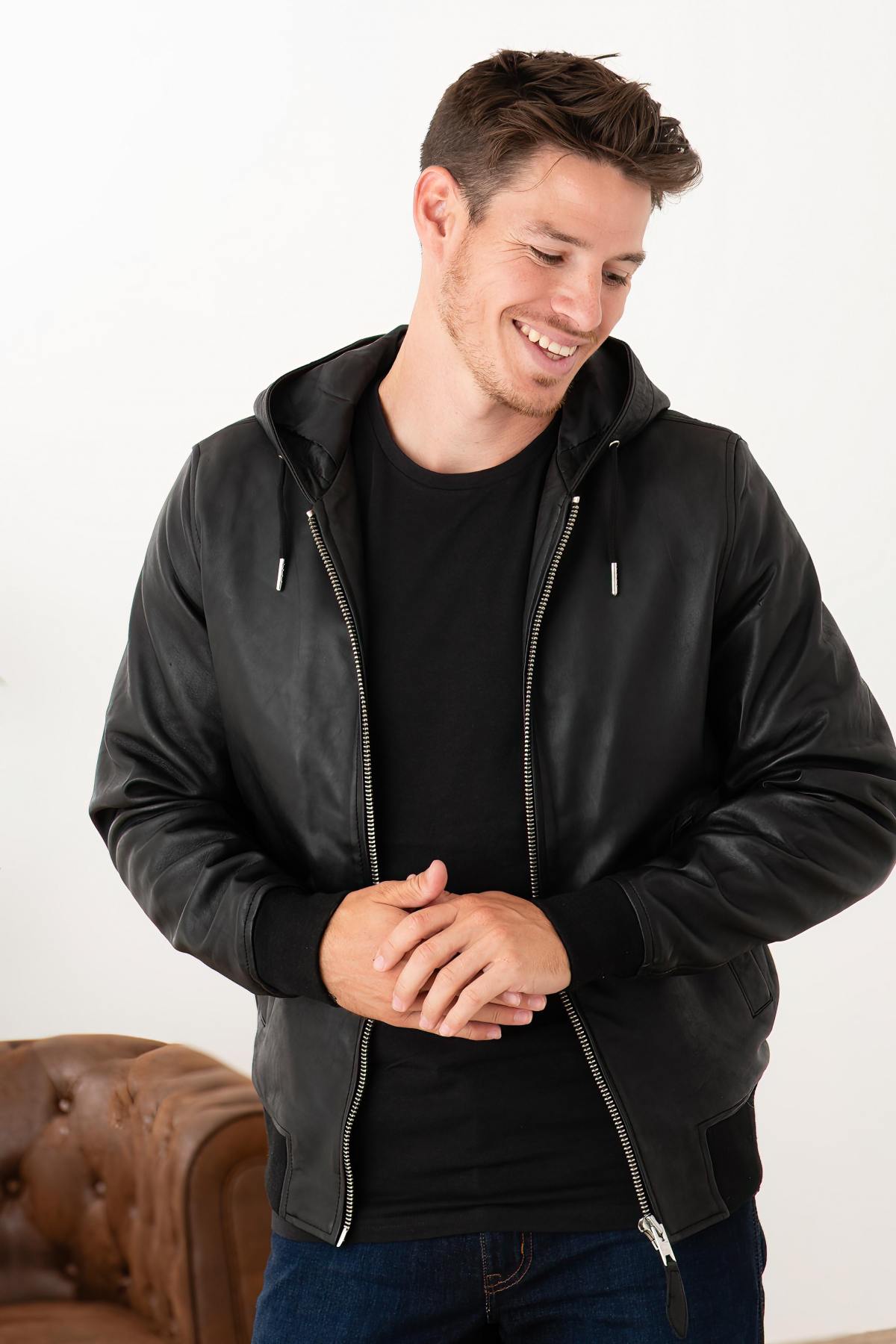 Black leather hooded jacket - Image n°1