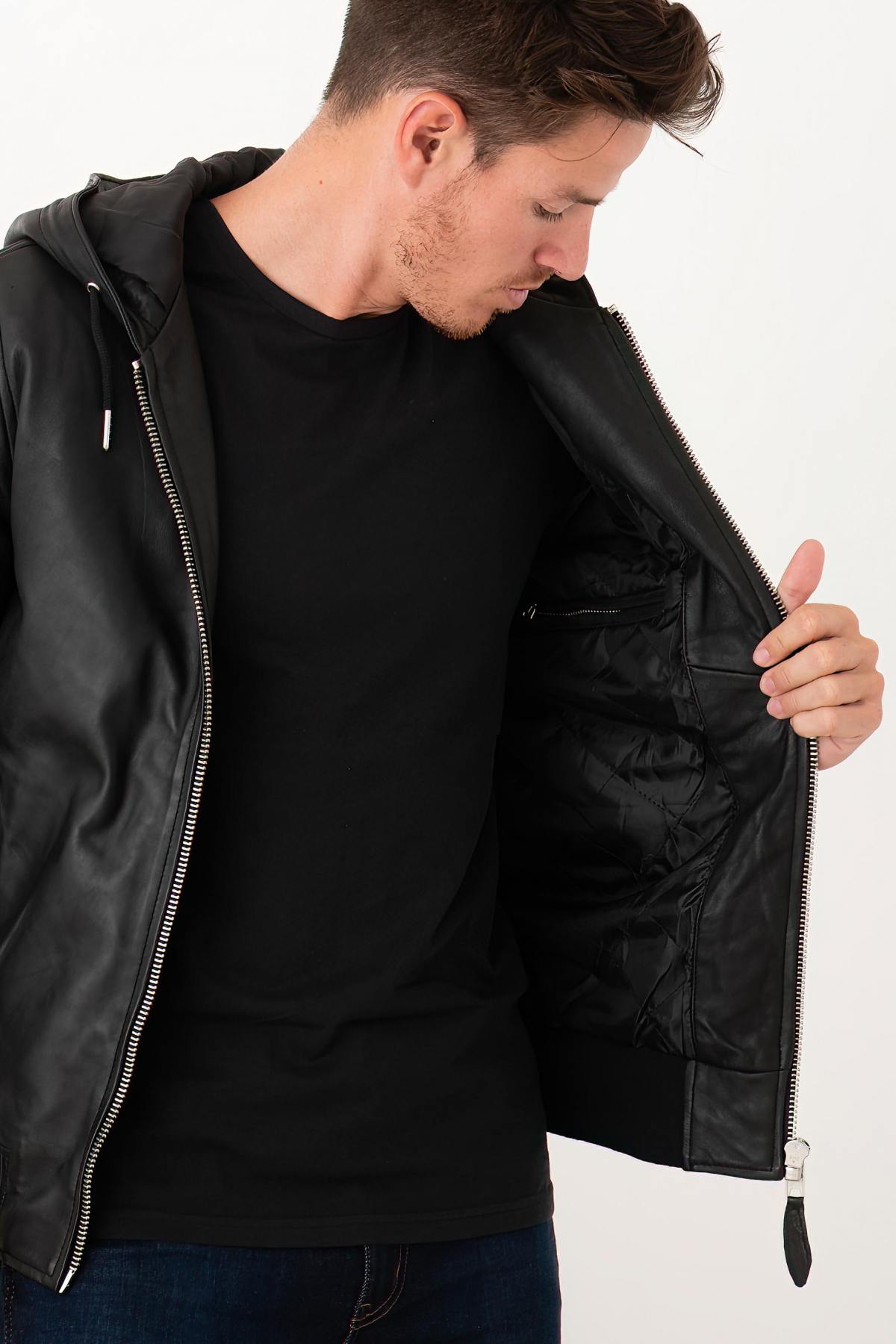 Black leather hooded jacket - Image n°7