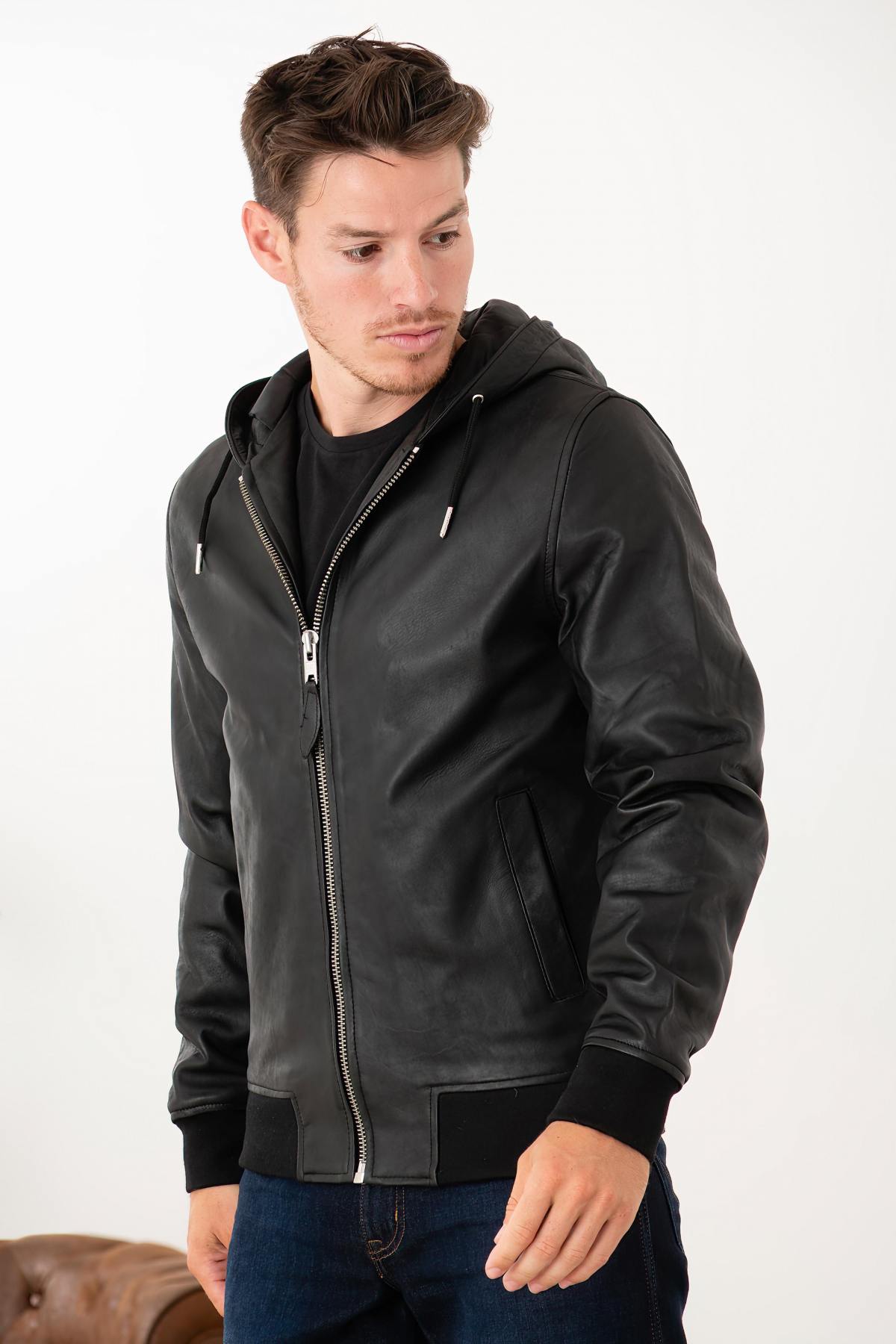 Black leather hooded jacket - Image n°5