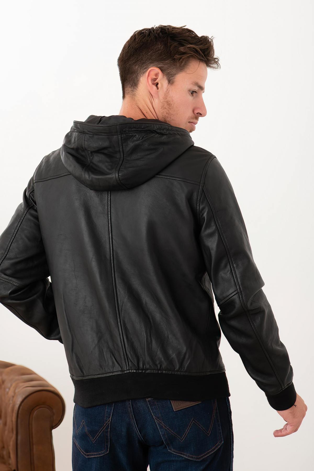 Black leather hooded jacket - Image n°2