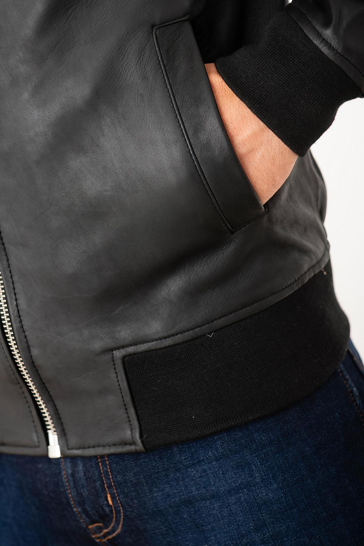 Black leather hooded jacket - Image n°8