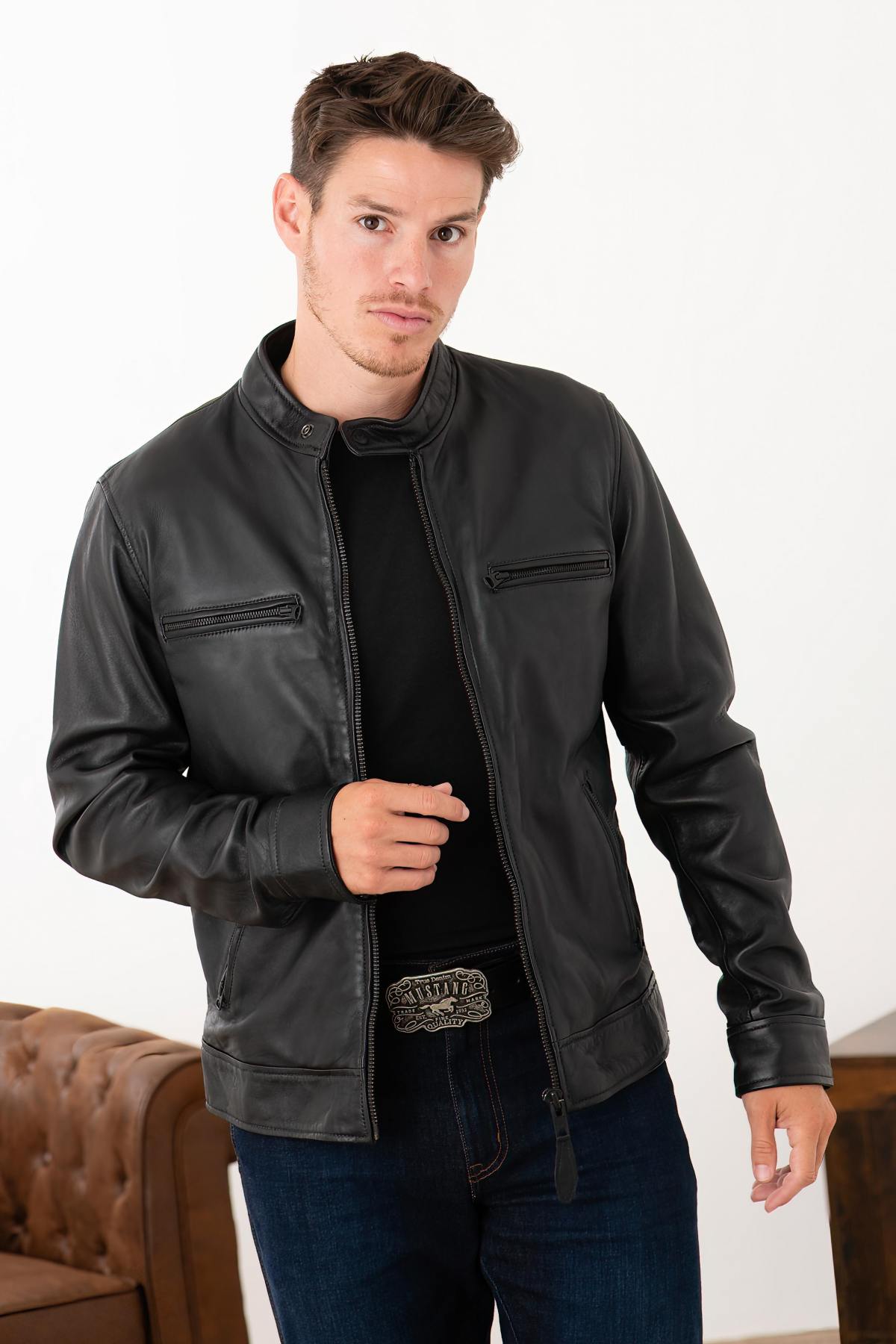 Navy lambskin biker jacket - Image n°5