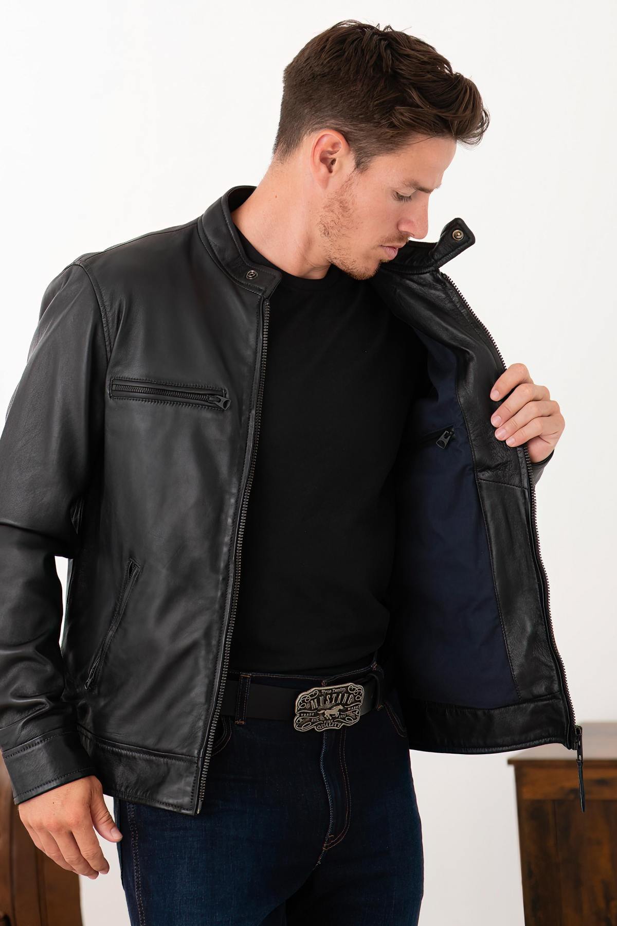 Navy lambskin biker jacket - Image n°6