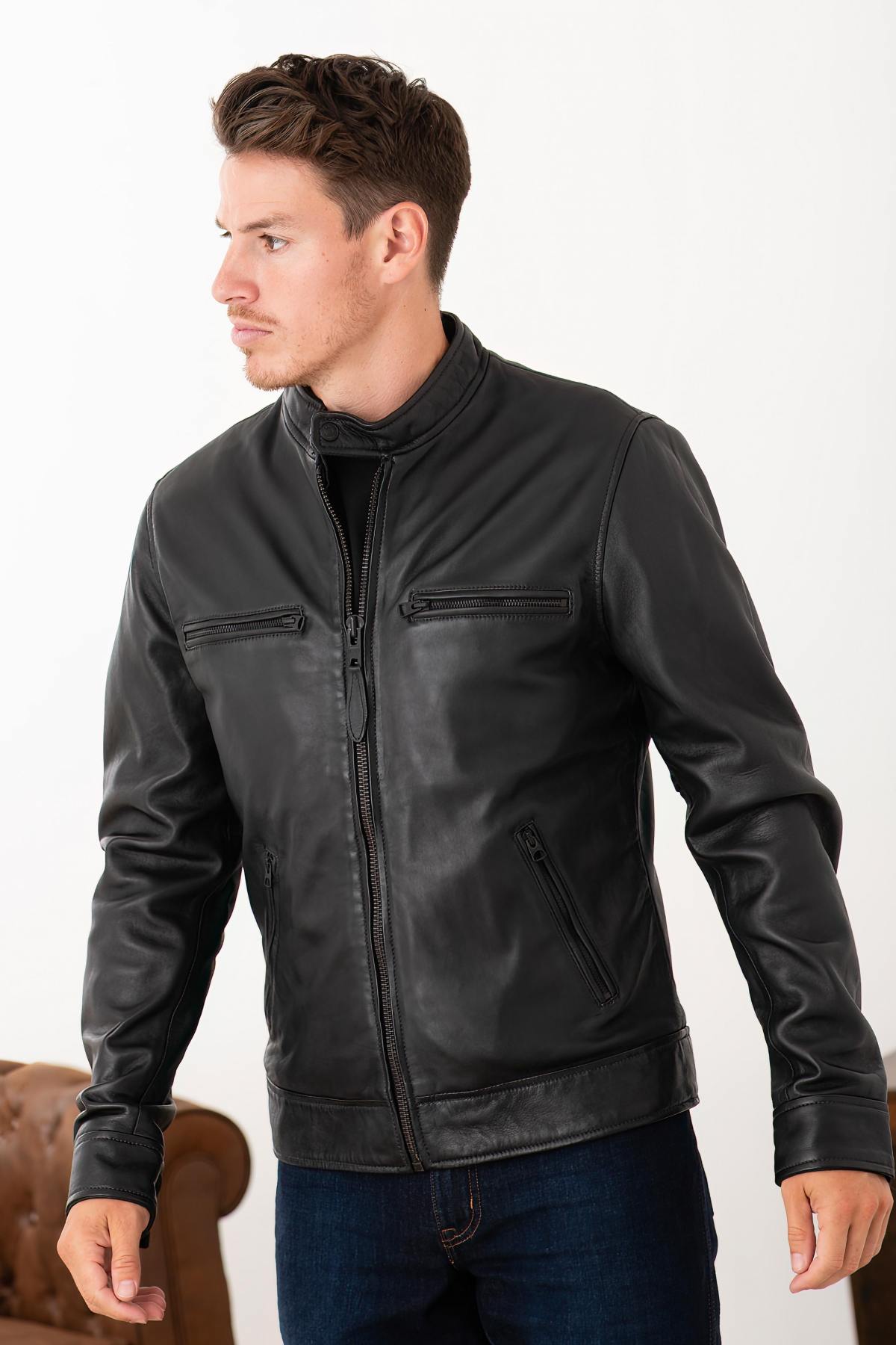 Navy lambskin biker jacket - Image n°1