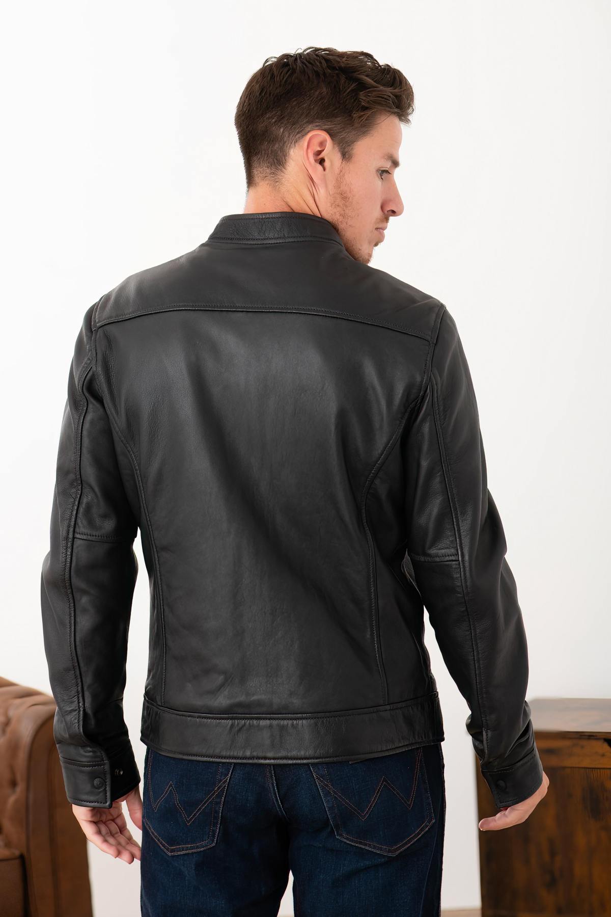 Navy lambskin biker jacket - Image n°7